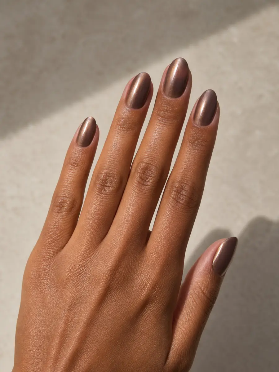Cocoa Glazed Nude Nails: medium oval, cocoa nude with bronze pearl glaze
