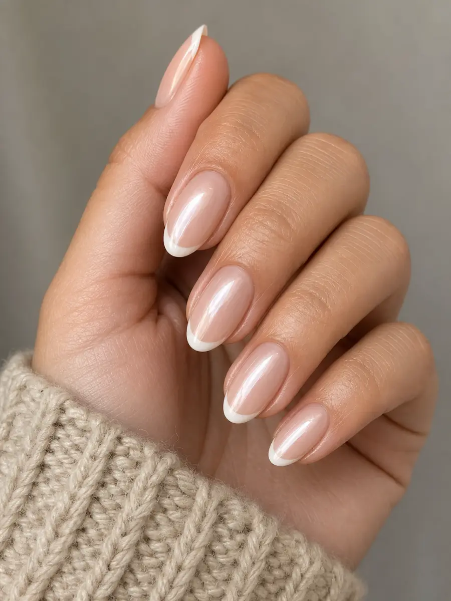 Glazed Nude French Nails: short almond, nude French under pearl glaze