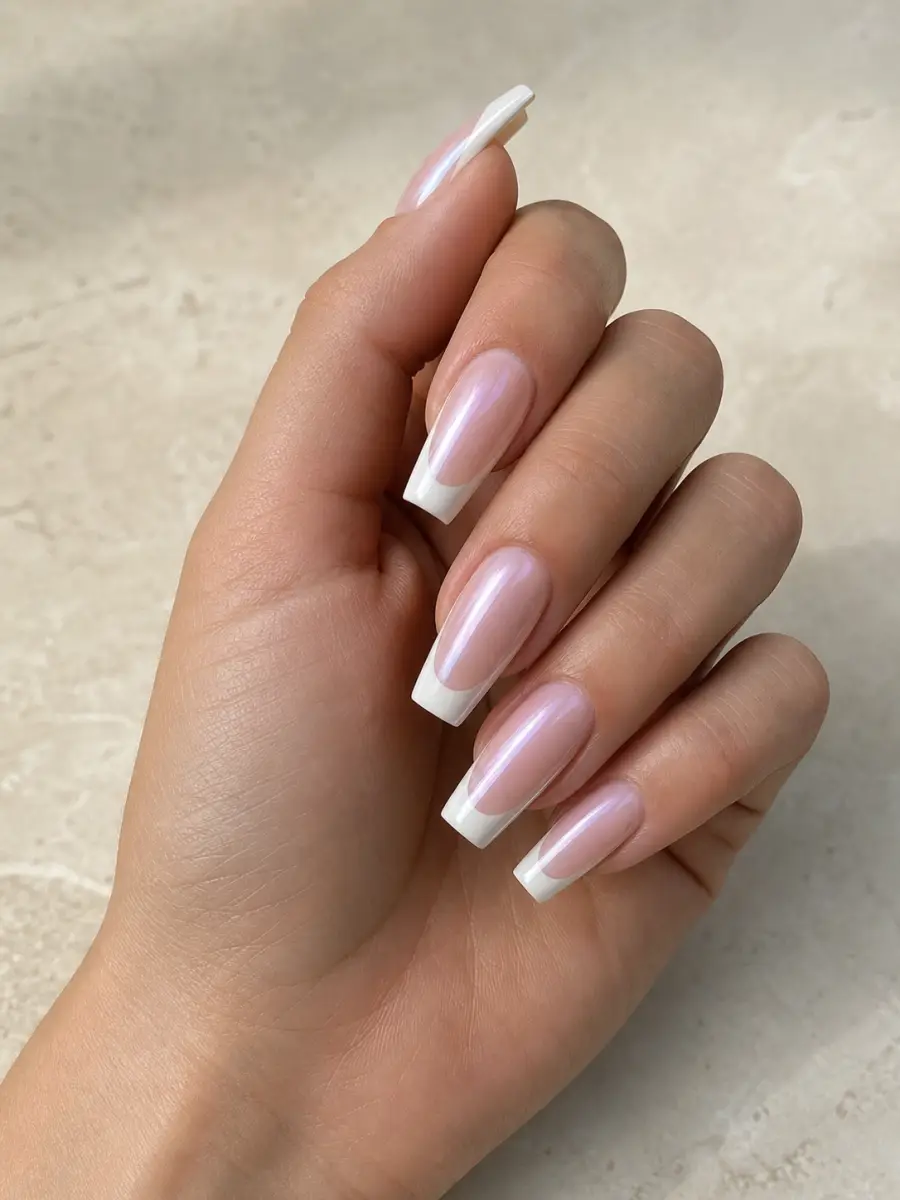 Pearl French Glazed Nails: long coffin, white French under pearl chrome