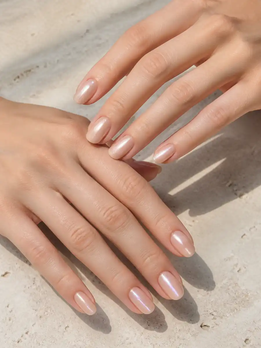 Glossy Glazed Nude Nails: nude chrome, glossy top coat
