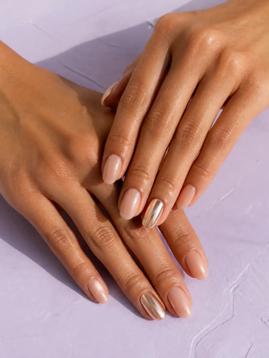 Chrome Accent Glazed Nude Nails: nude chrome, one chrome accent nail
