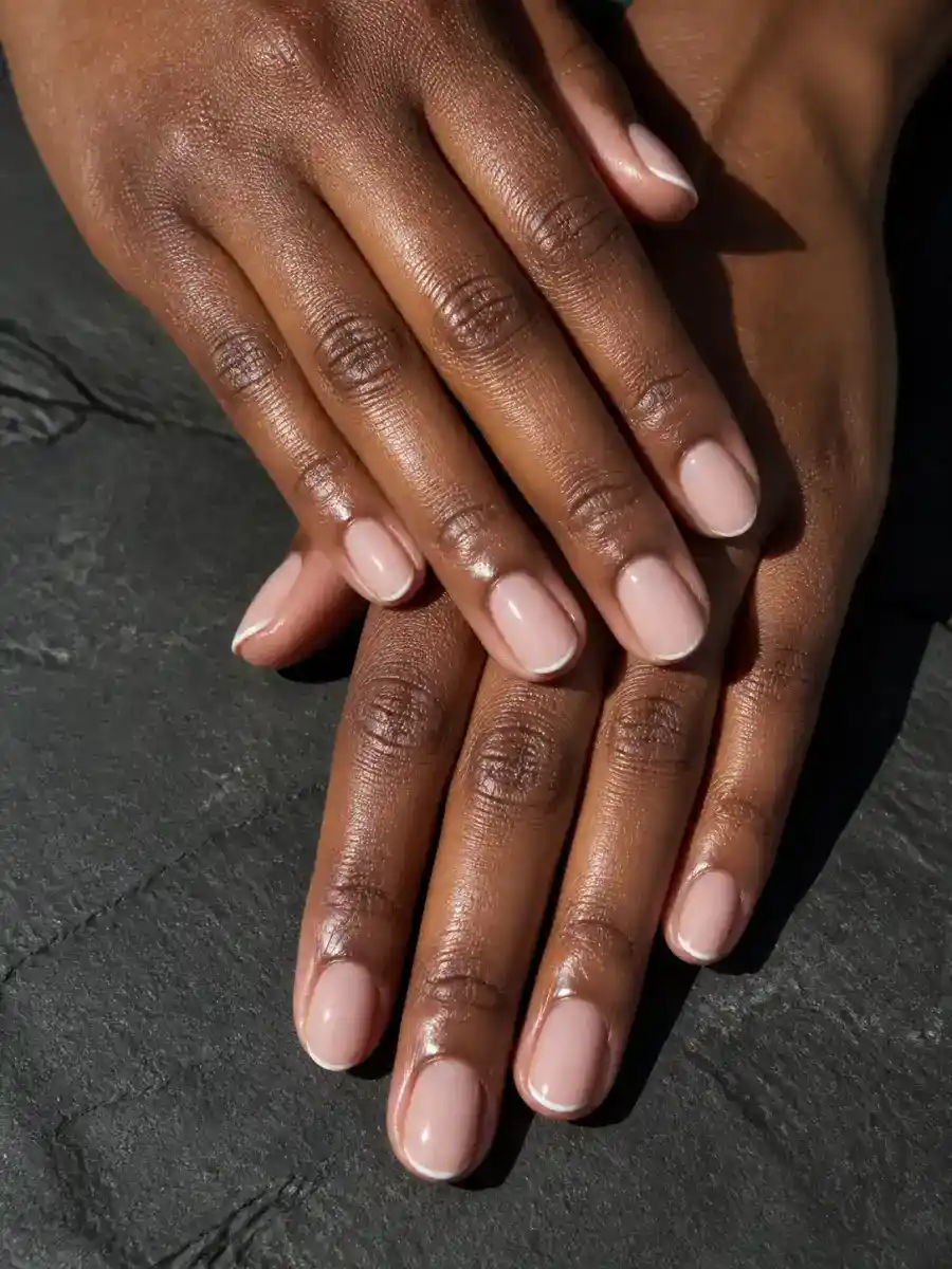 Micro French Glazed Nude Nails: nude chrome, micro french tip
