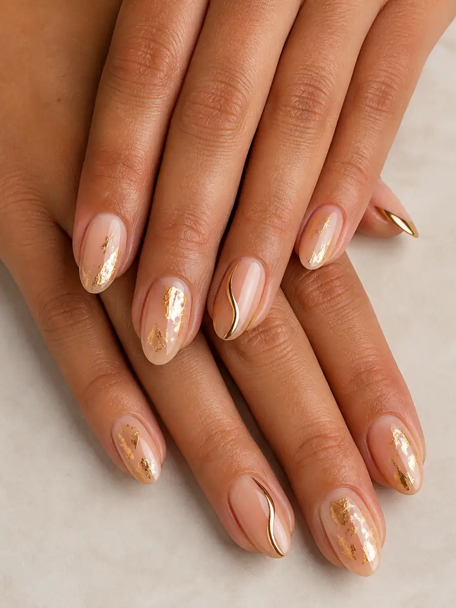 Gold Foil Nude Nails: gold chrome accent, gold foil nude