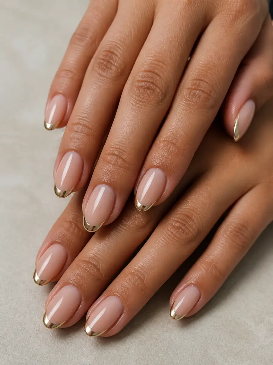 Fine Gold French Tips: gold chrome accent, fine gold french tips