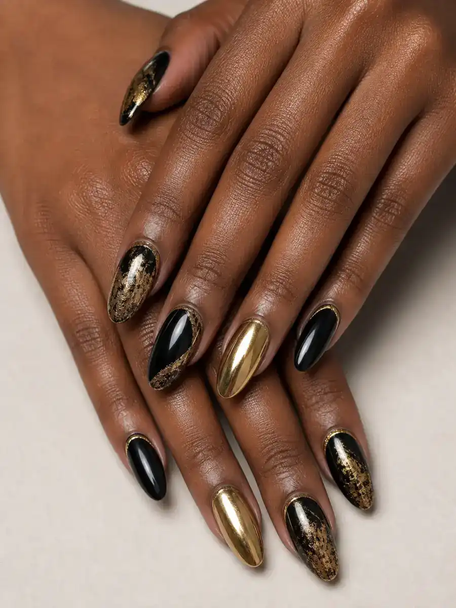 Antique Gold Black Nails: gold chrome accent, antique gold black