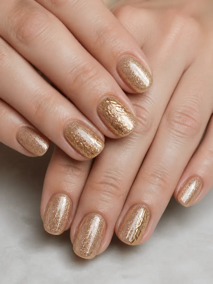 Champagne Glitter Nails: gold chrome accent, champagne glitter