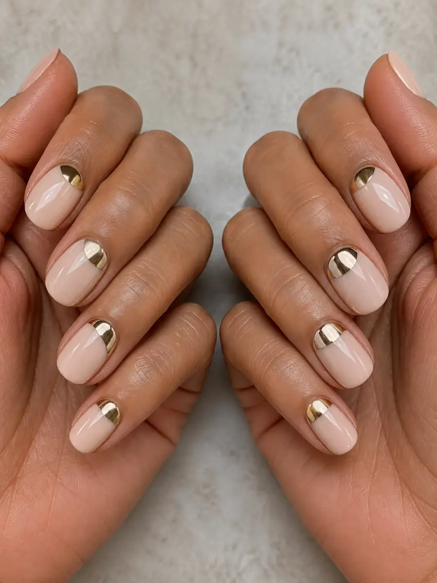 Gold Half Moon Nails: gold chrome accent, gold half moon