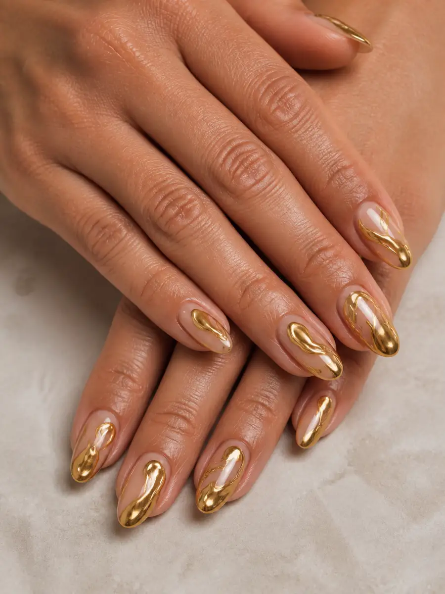 Molten Gold Almond Nails: gold chrome accent, molten gold almond