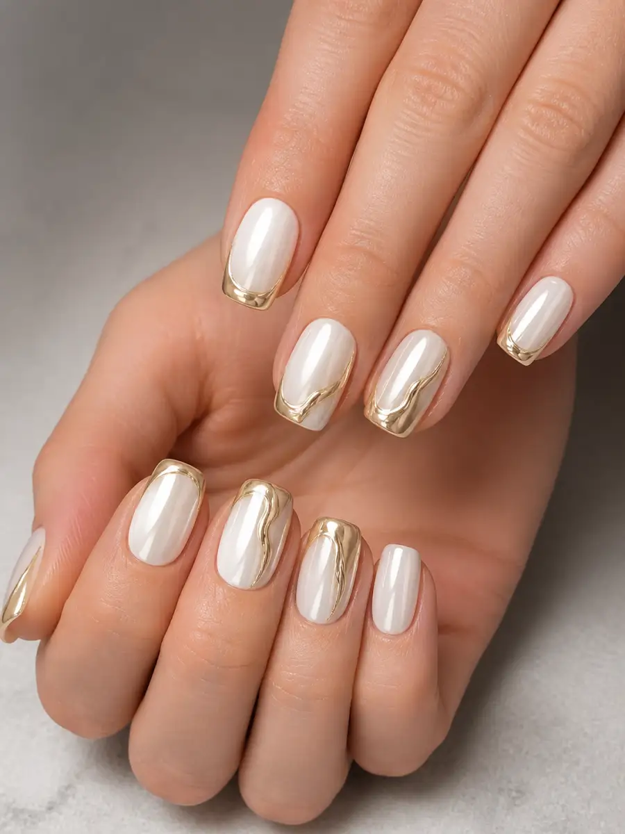 White Gold Chrome Nails: gold chrome accent, white gold chrome
