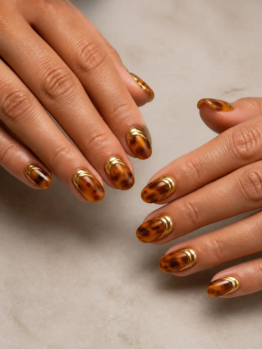 Gold Tortoiseshell Nails: gold chrome accent, gold tortoiseshell