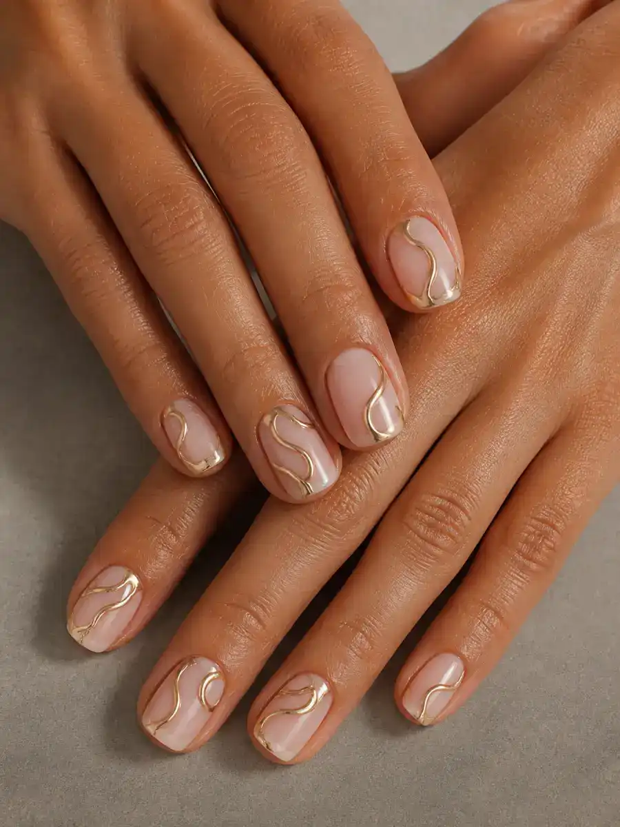 Gold Line Art Nails: gold chrome accent, gold line art