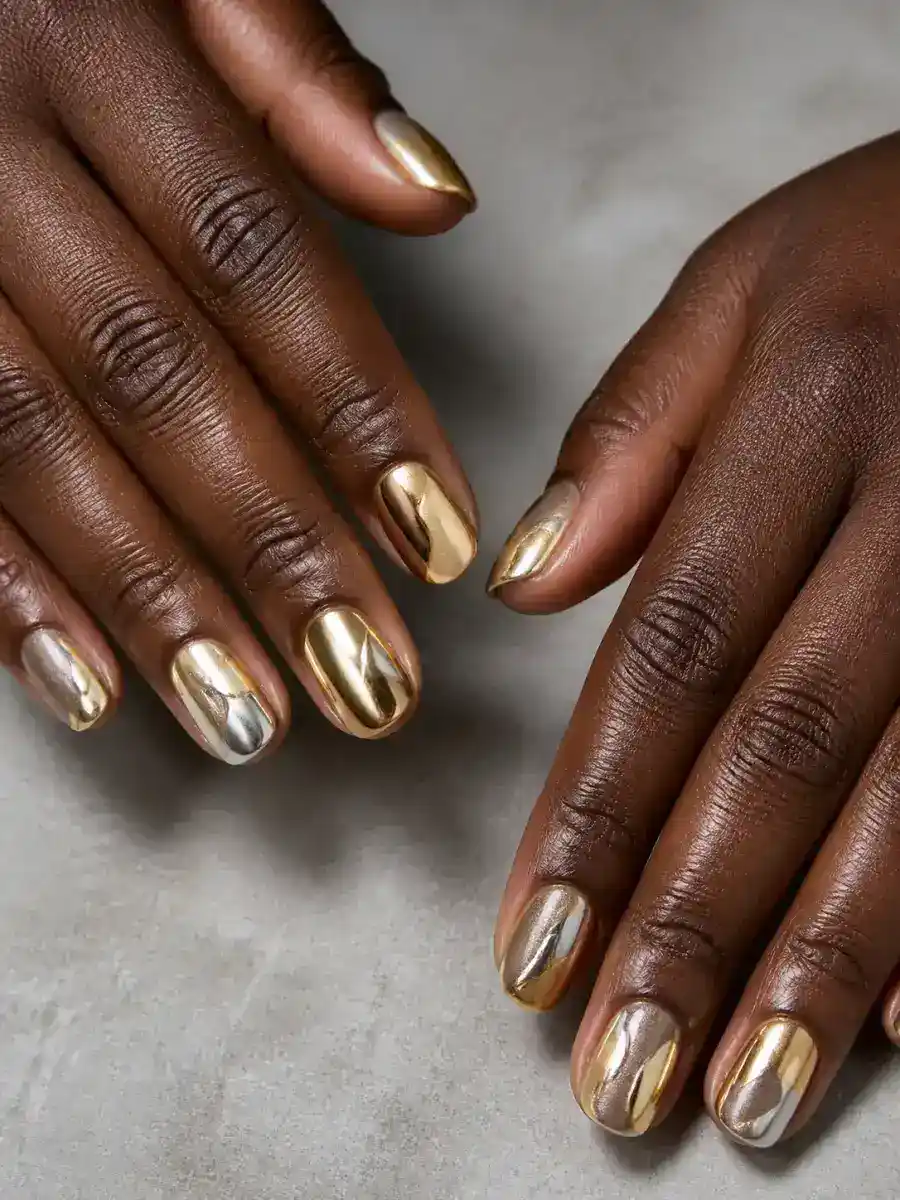 Mixed Metal Gold Nails: gold chrome accent, mixed metal gold