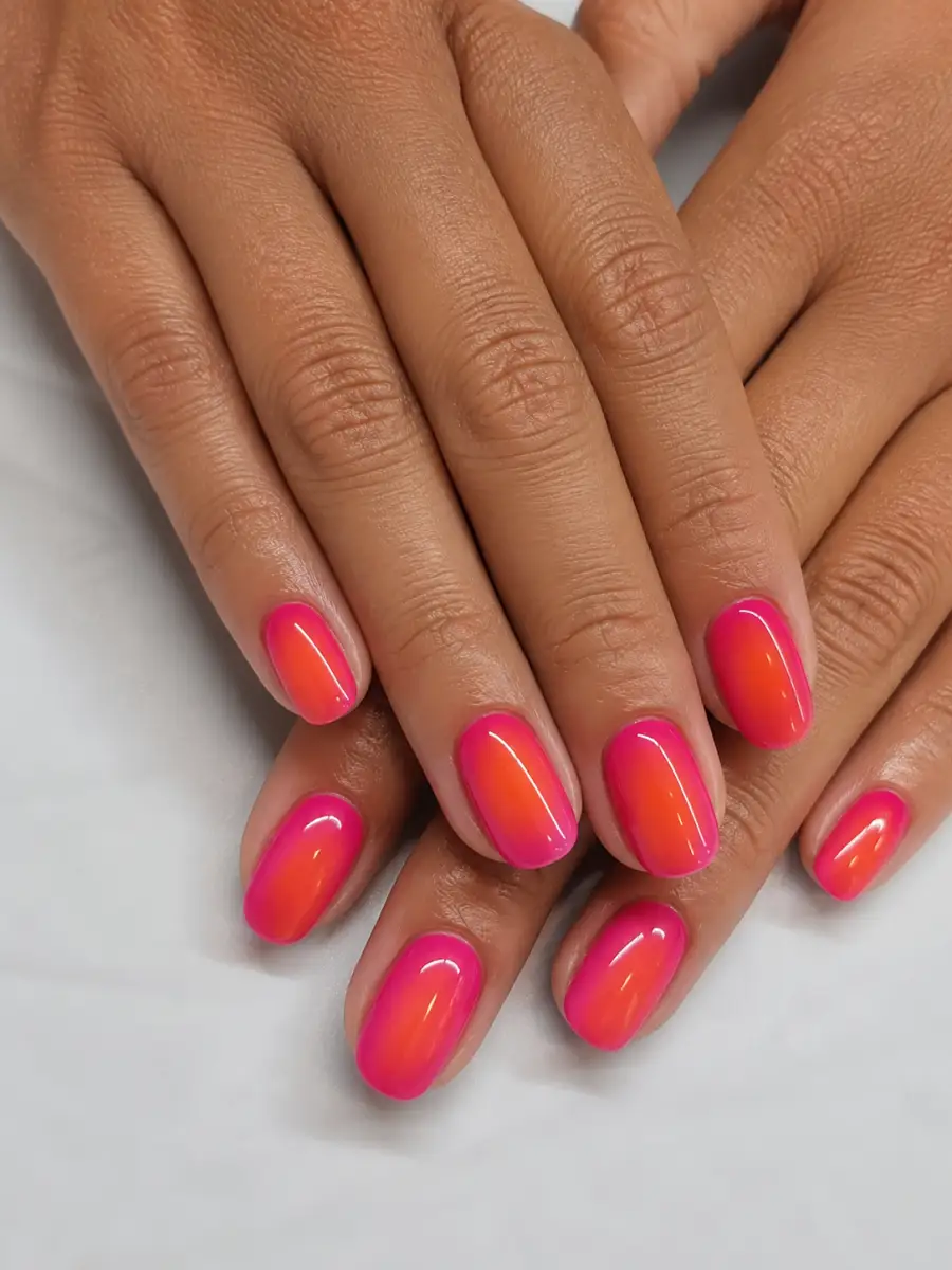 Pink Orange Aura Nails: hot pink, opaque, pink orange aura