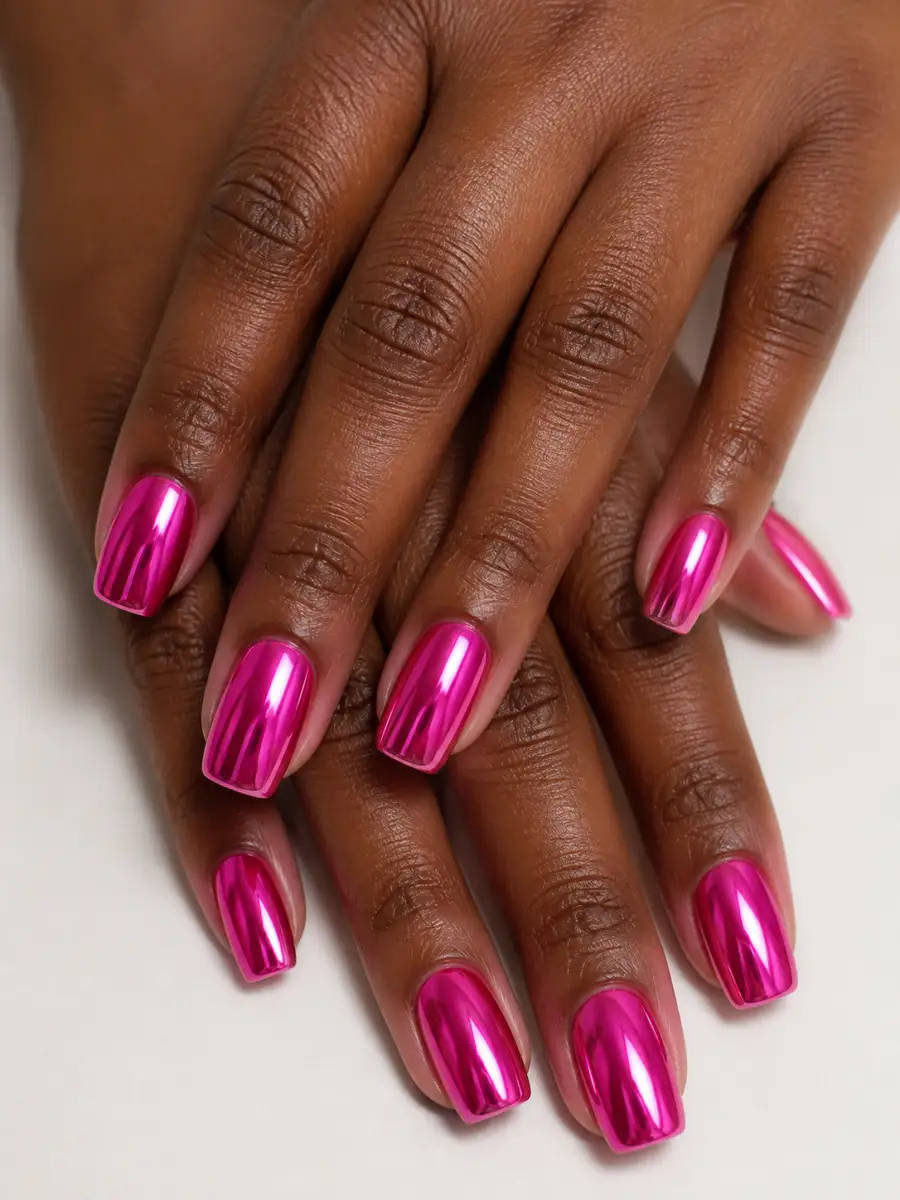 Hot Pink Chrome Nails: hot pink, opaque, hot pink chrome
