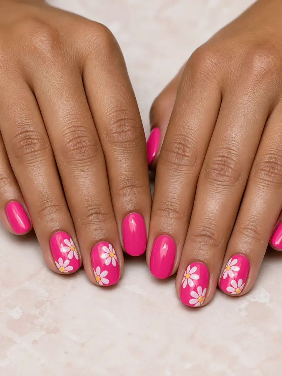 Hot Pink Daisy Nails: hot pink, opaque, hot pink daisy