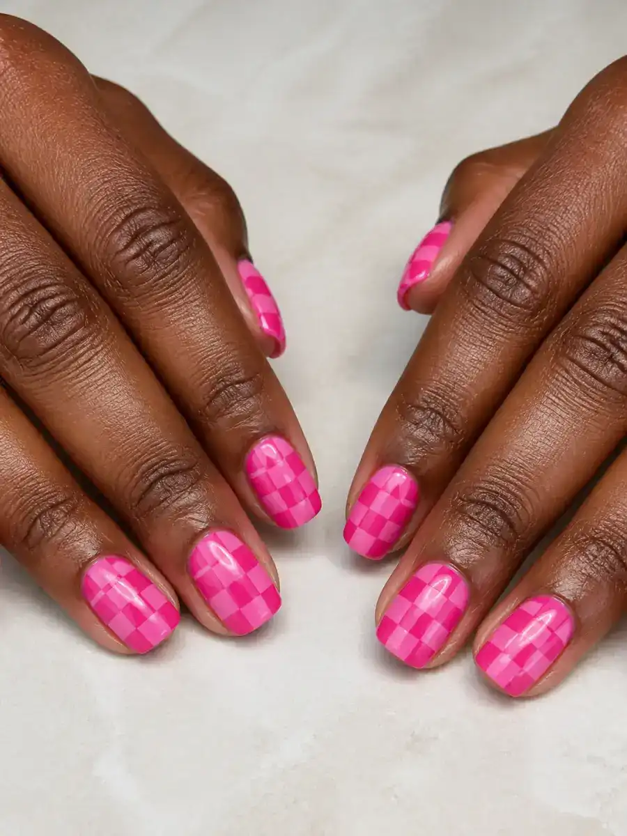 Pink Checker Nails: hot pink, opaque, pink checker