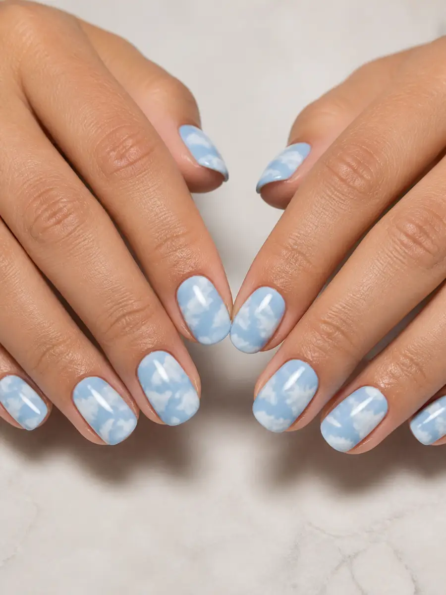 Cloud Nail Design: light sky blue, cloud nail design