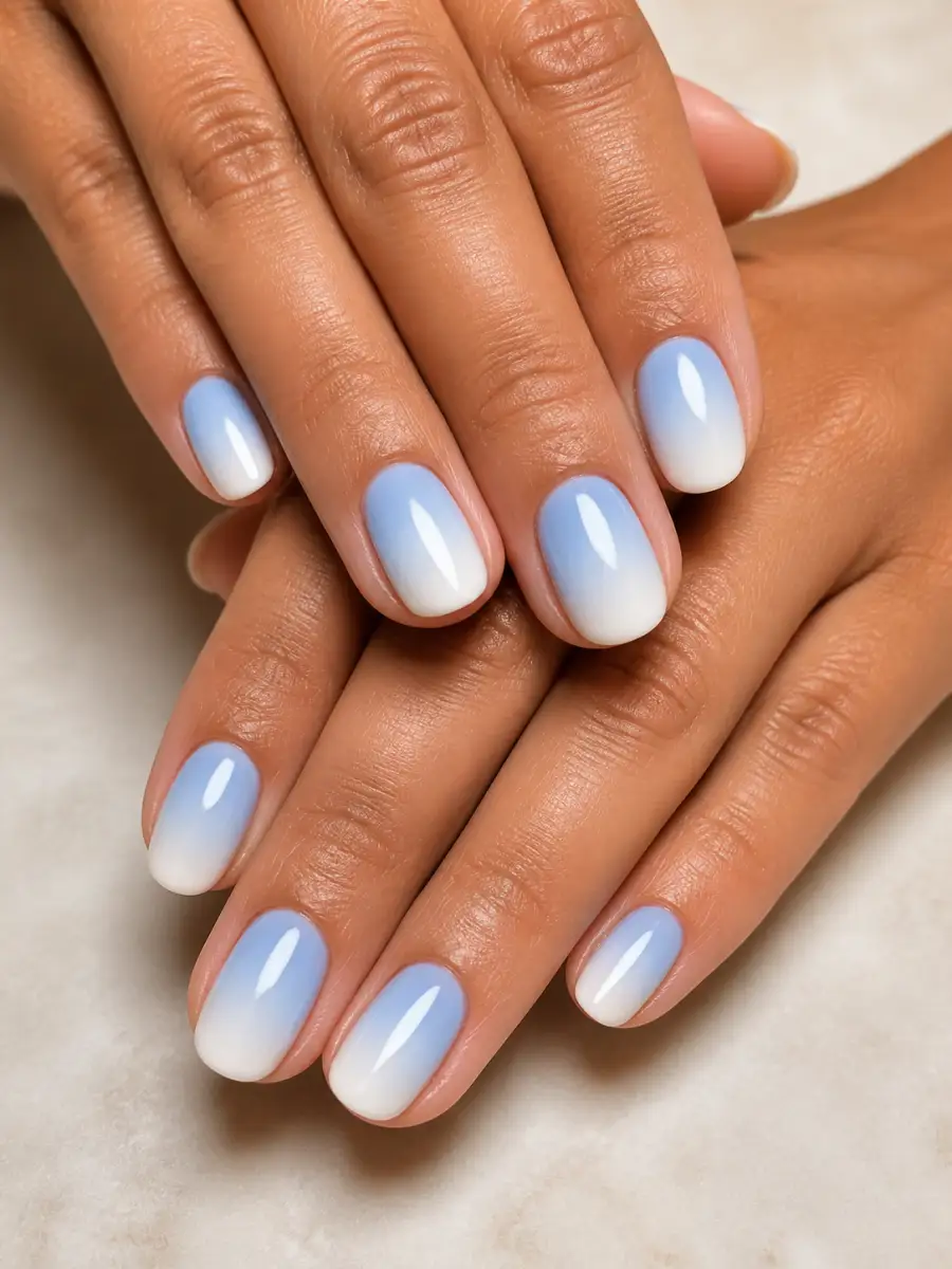 Blue White Ombre Nails: light sky blue, blue white ombre