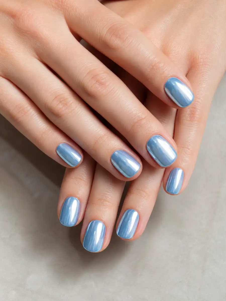 Light Blue Chrome Nails: light sky blue, light blue chrome