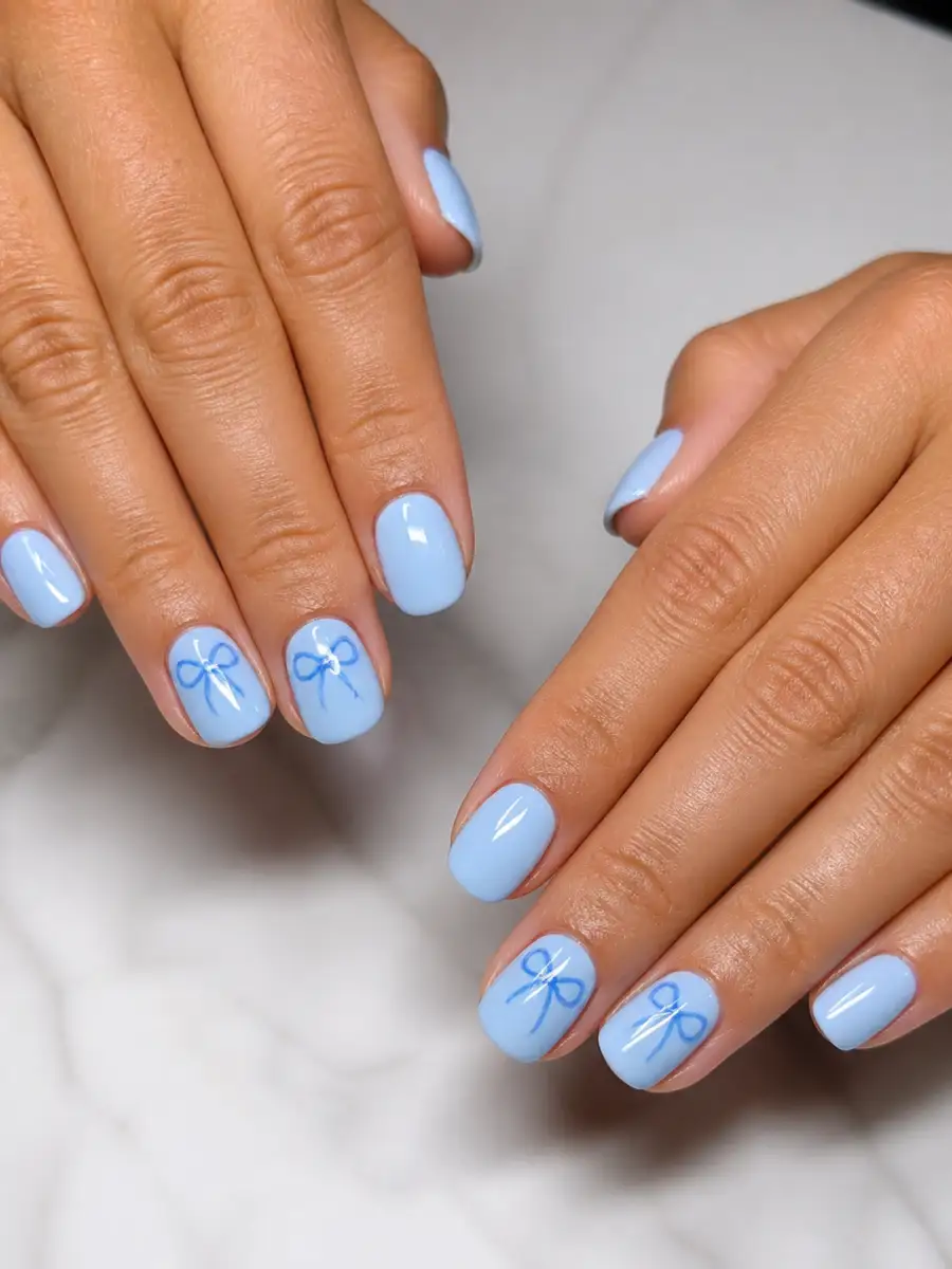 Blue Bow Nails: light sky blue, blue bow