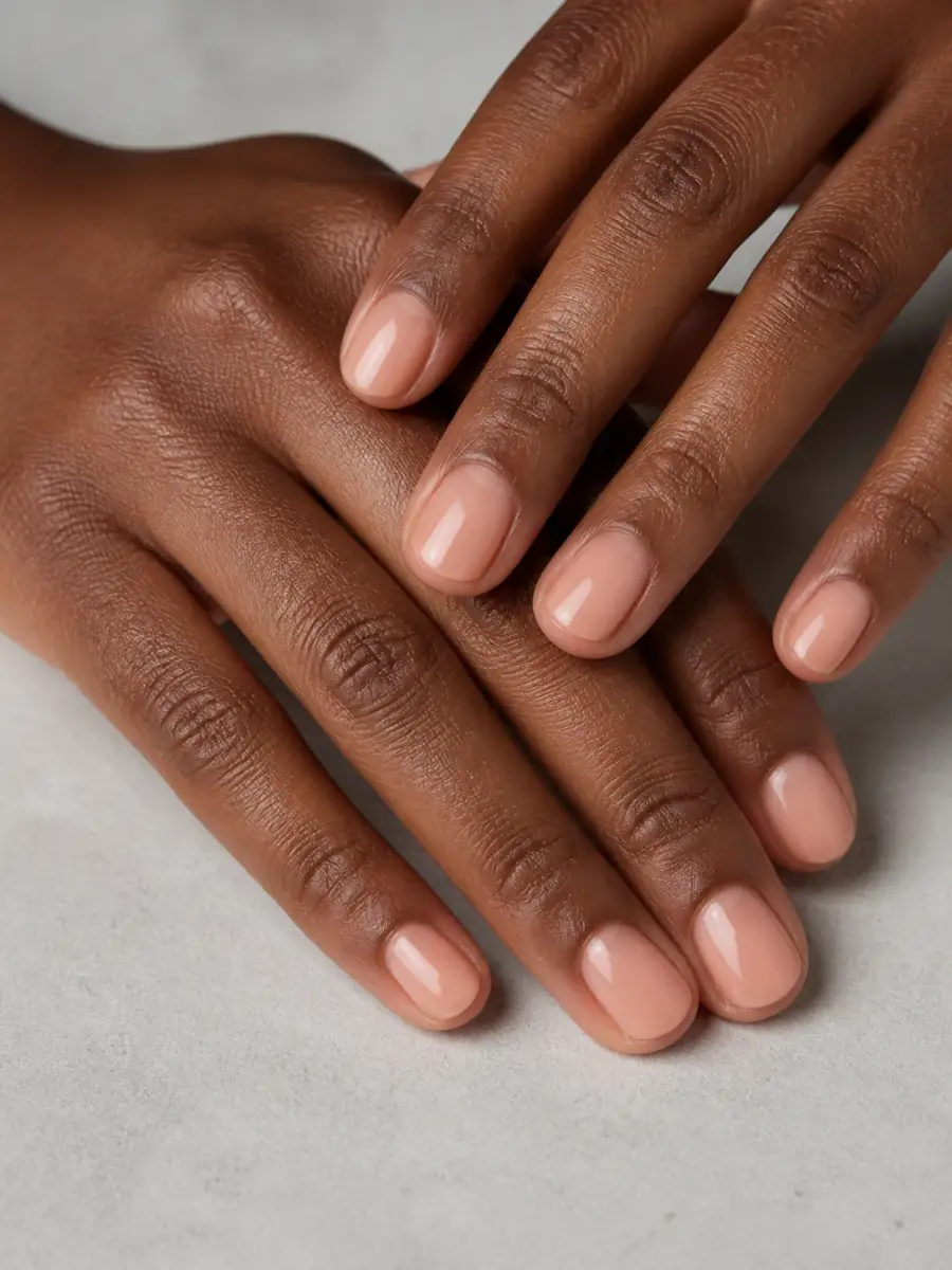 Peach Veil Short Nails: sheer nude, natural finish, peach veil short