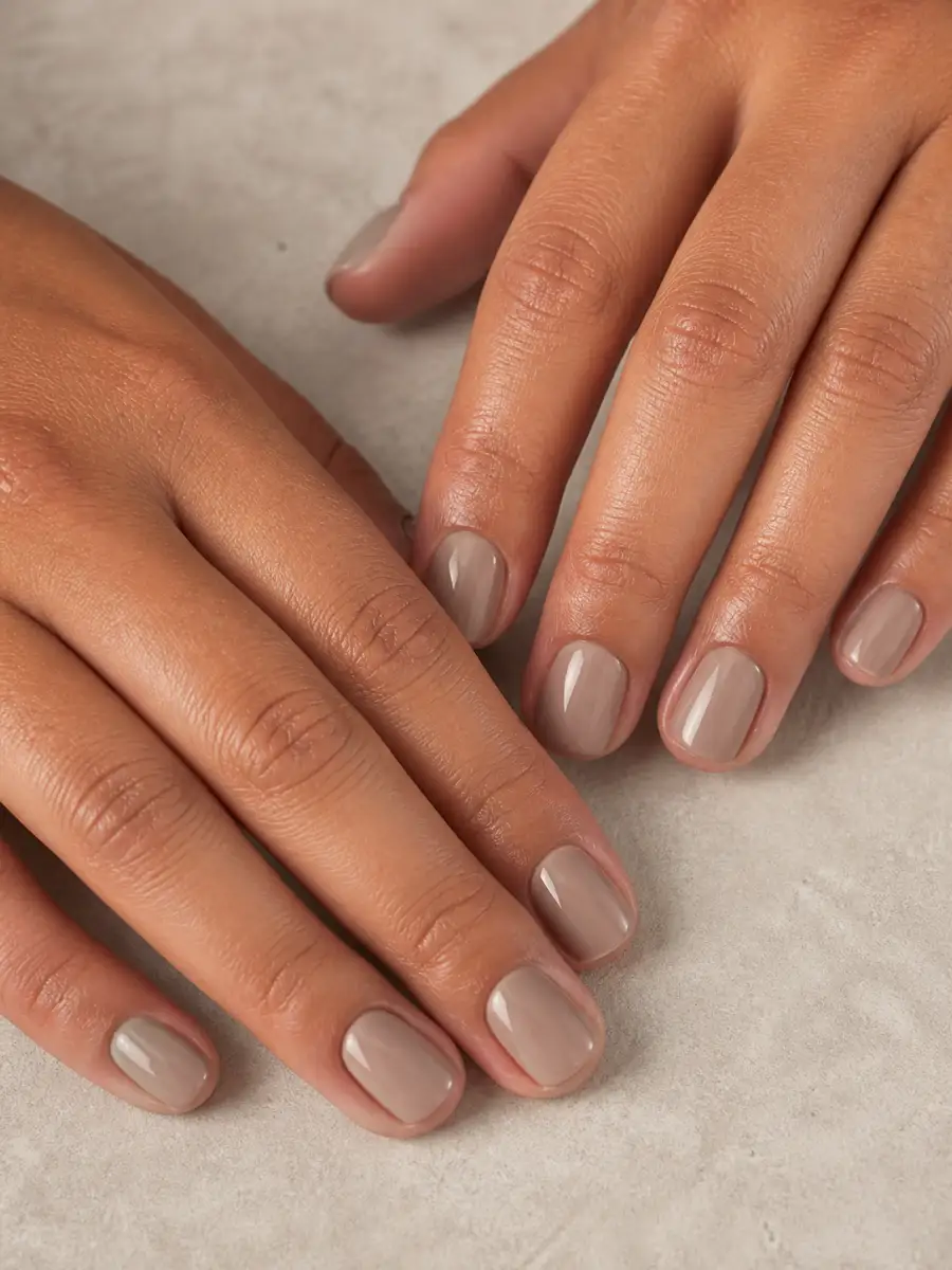 Warm Taupe Short Nails: greige neutral, glossy finish, warm taupe short
