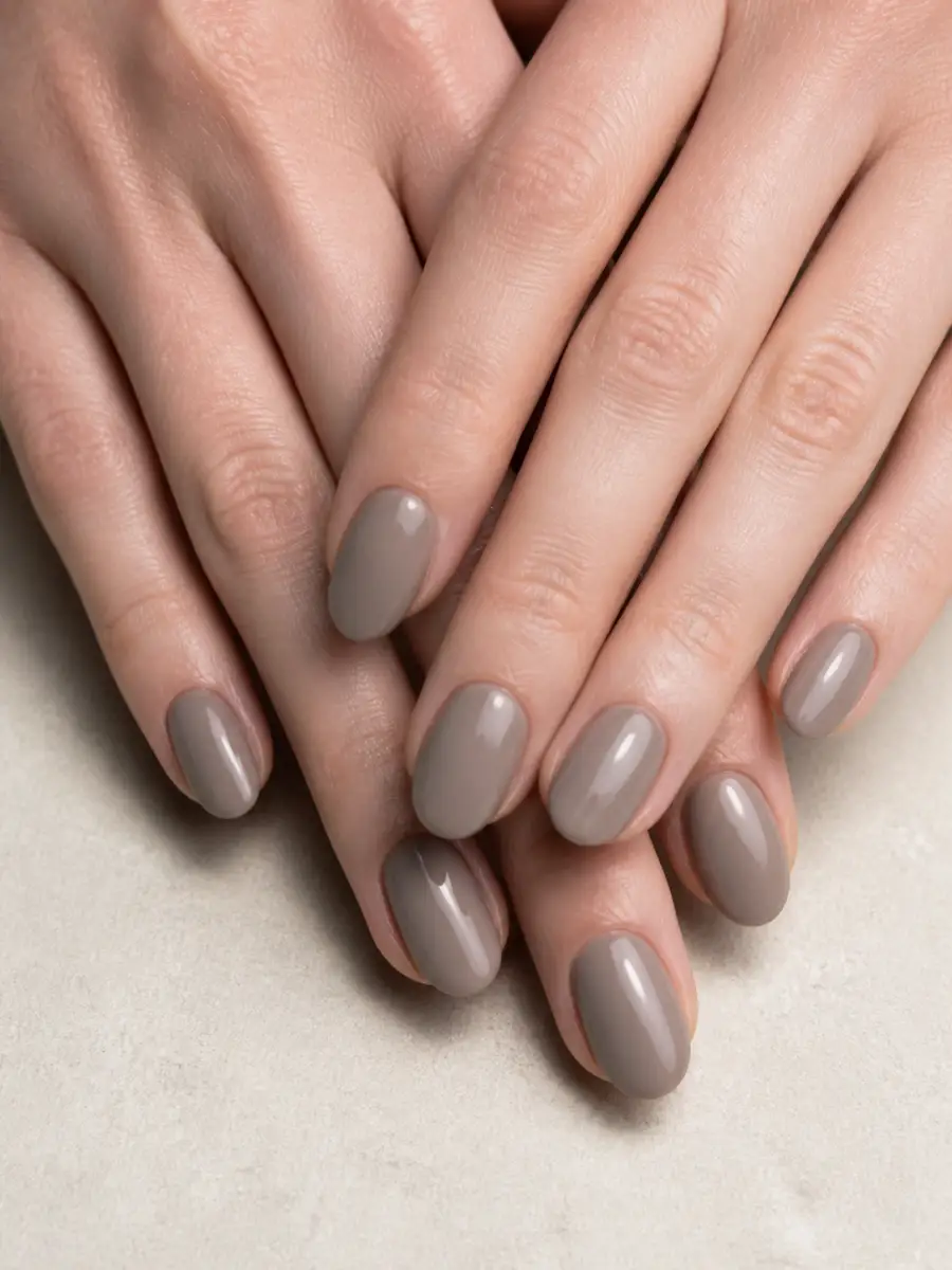 Stone Grey Oval Nails: greige neutral, glossy finish, stone grey oval
