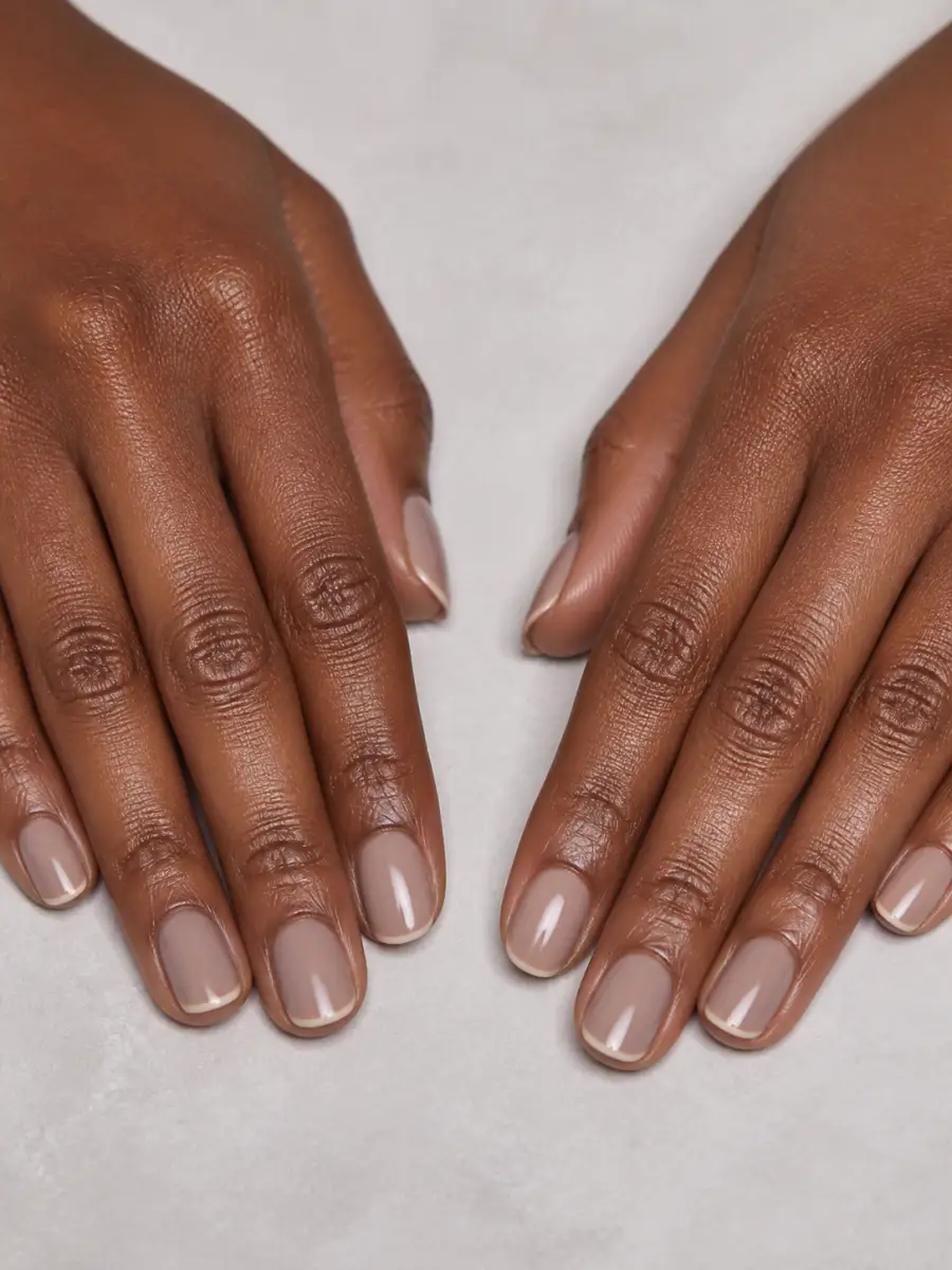 Neutral Micro French Nails: greige neutral, glossy finish, neutral micro french