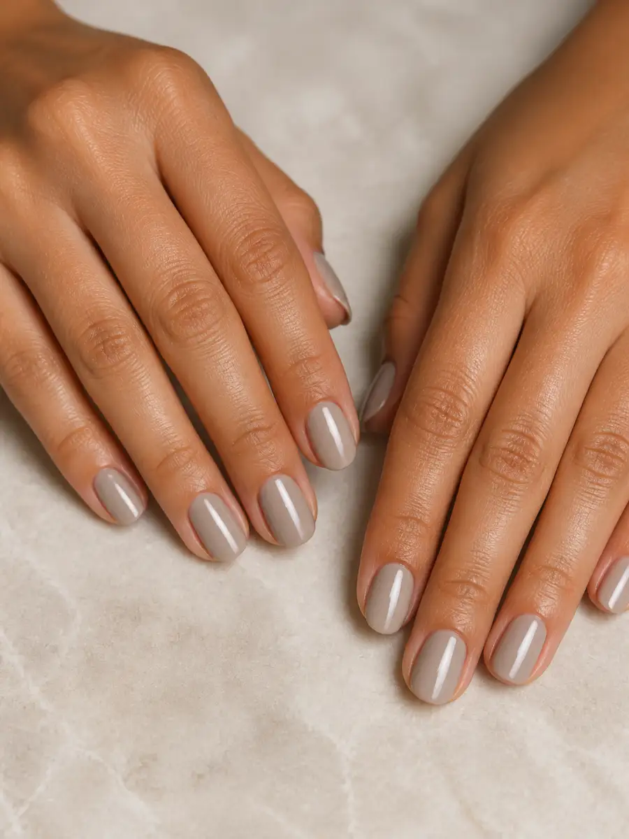 Pearl Greige Nails: greige neutral, glossy finish, pearl greige