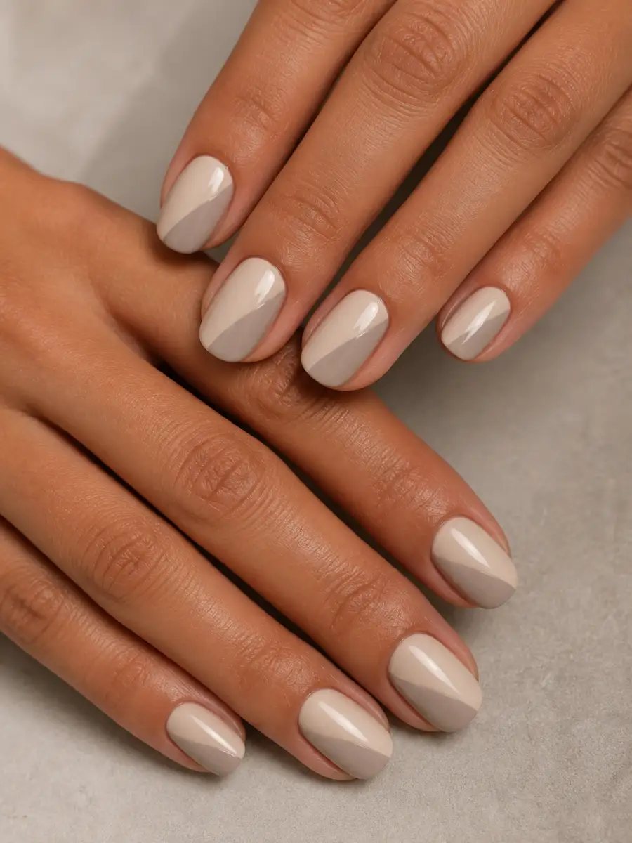 Two Tone Beige Nails: greige neutral, glossy finish, two tone beige