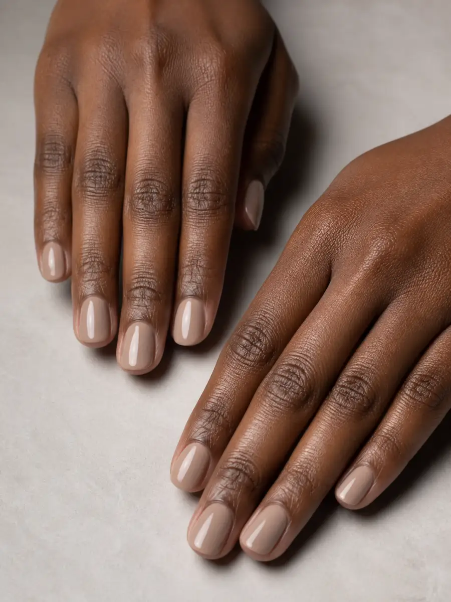 Sheer Caramel Nails: greige neutral, glossy finish, sheer caramel