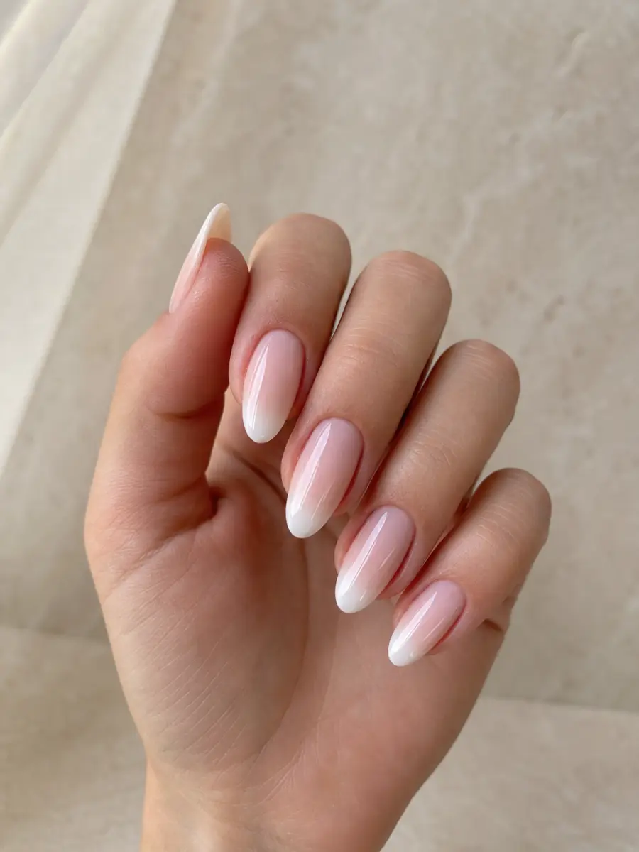 Baby Boomer Ombre Nails: medium almond, blush pink to soft white fade