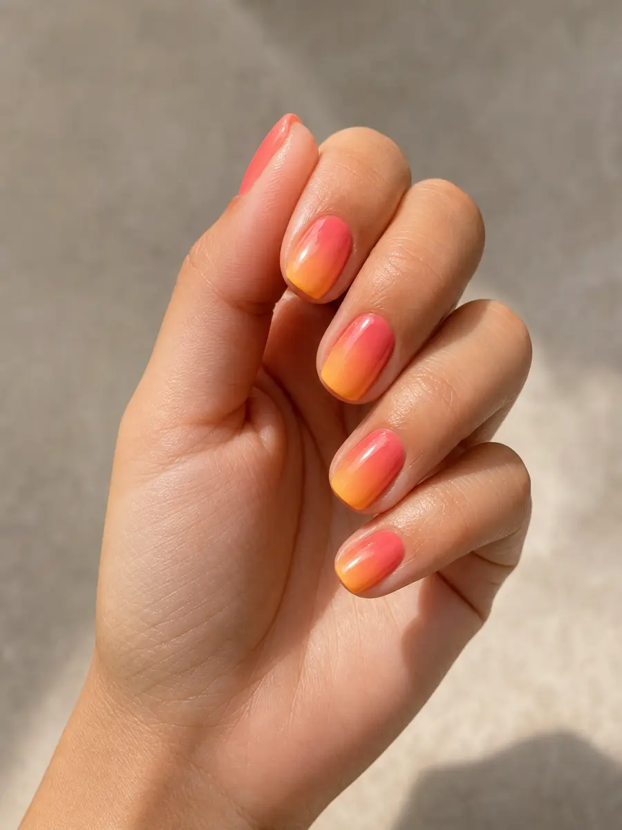 Sunset Ombre Nails: short squoval, coral to peach and gold gradient