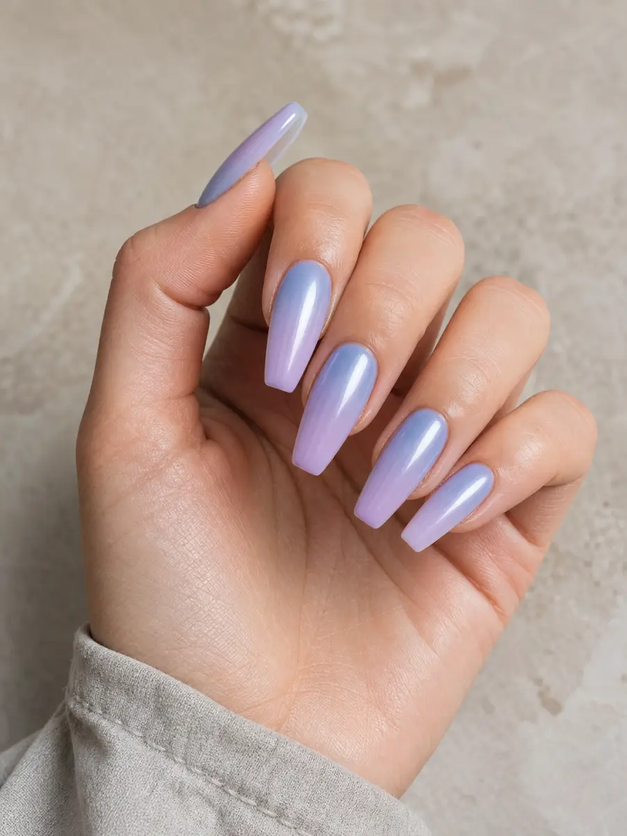 Blue Lilac Ombre Nails: medium coffin, periwinkle to icy lilac fade