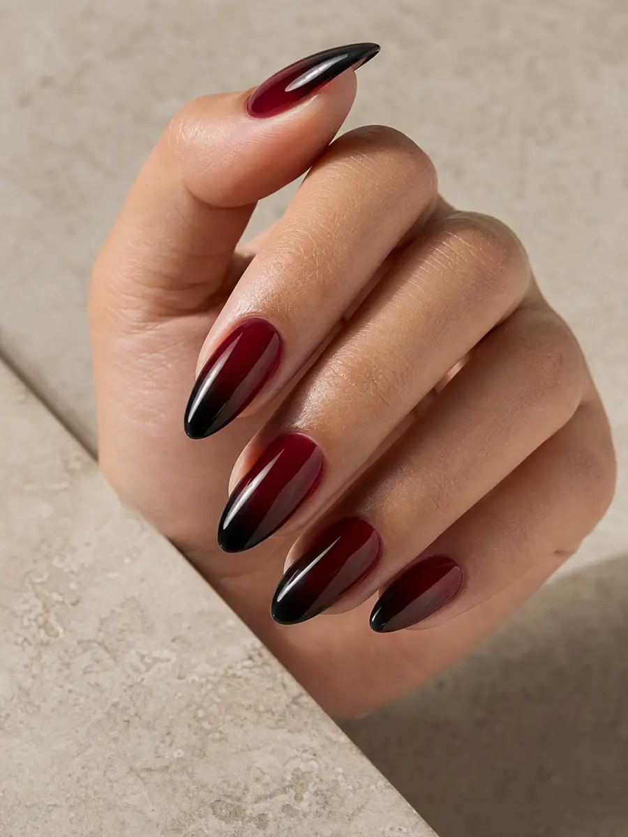 Black Cherry Ombre Nails: long almond, burgundy fading into black tips