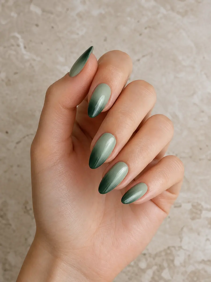 Green Ombre Nails: medium almond, sage to forest green gradient
