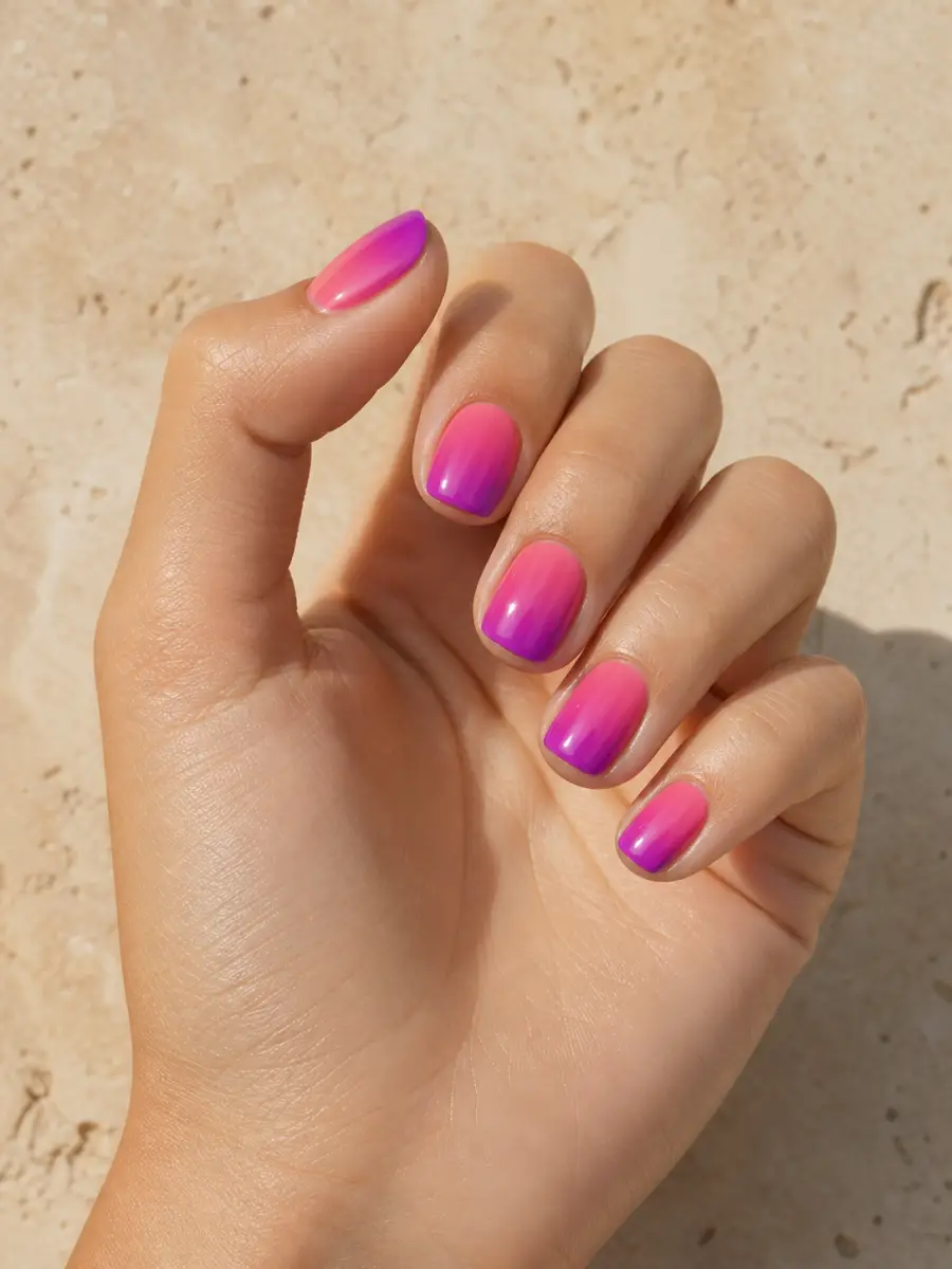 Pink Purple Ombre Nails: short squoval, hot pink to violet fade
