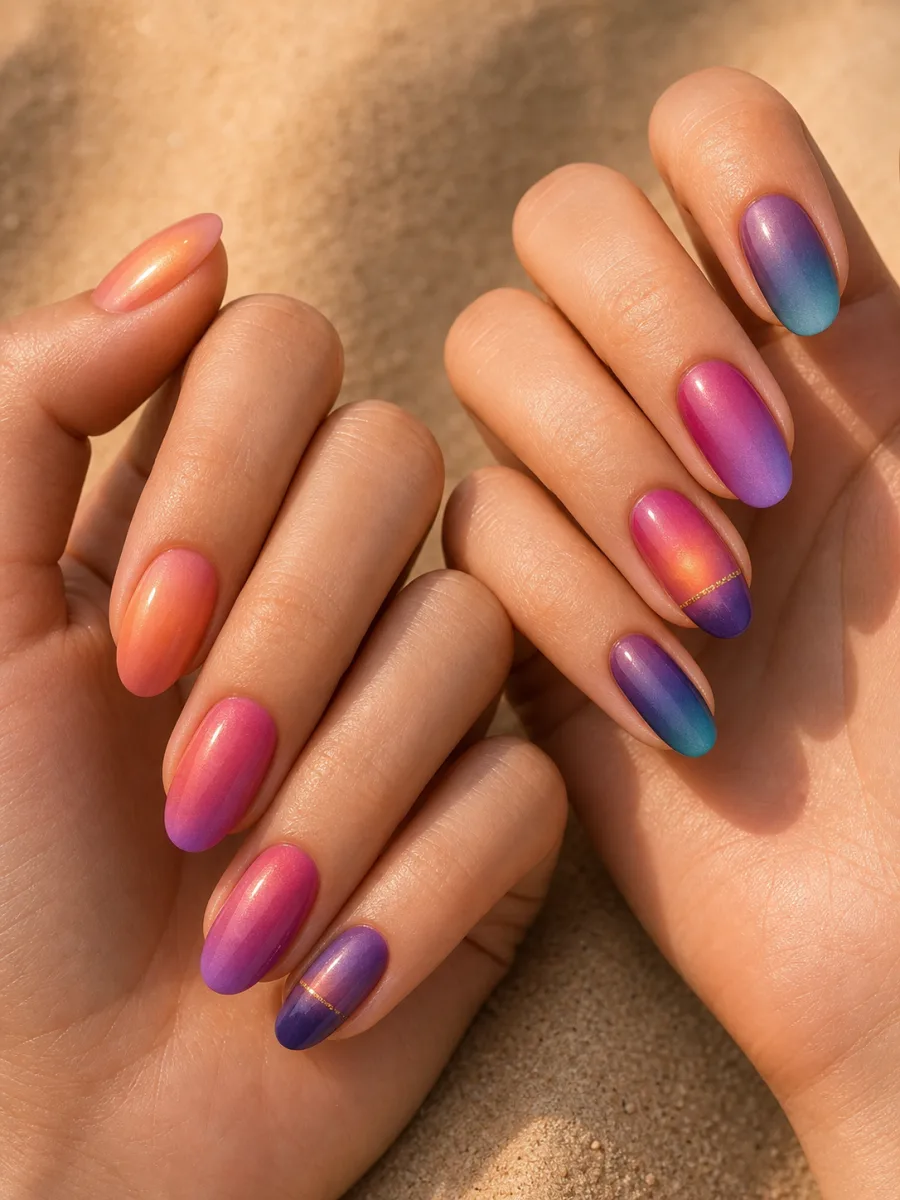 Sunset to Twilight Ombre Nails: two hands, oval and almond, peach, coral, fuchsia, violet, cobalt and turquoise seamless gradients