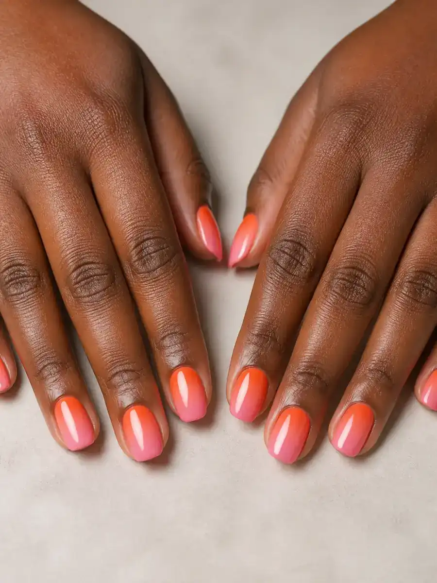 Orange Pink Ombre Nails: coral orange, orange pink ombre