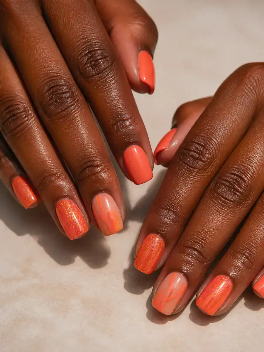 Orange Mix and Match Nails: coral orange, orange mix and match