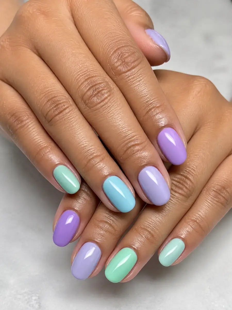 Lavender Mint Nails: pastel skittle, one shade per nail, lavender mint