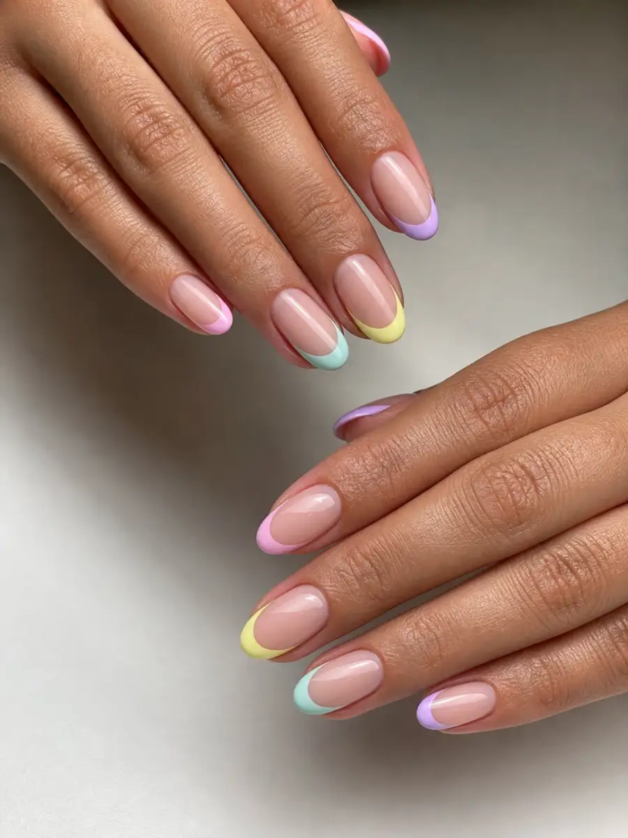 Pastel French Tips: pastel skittle, one shade per nail, pastel french tips