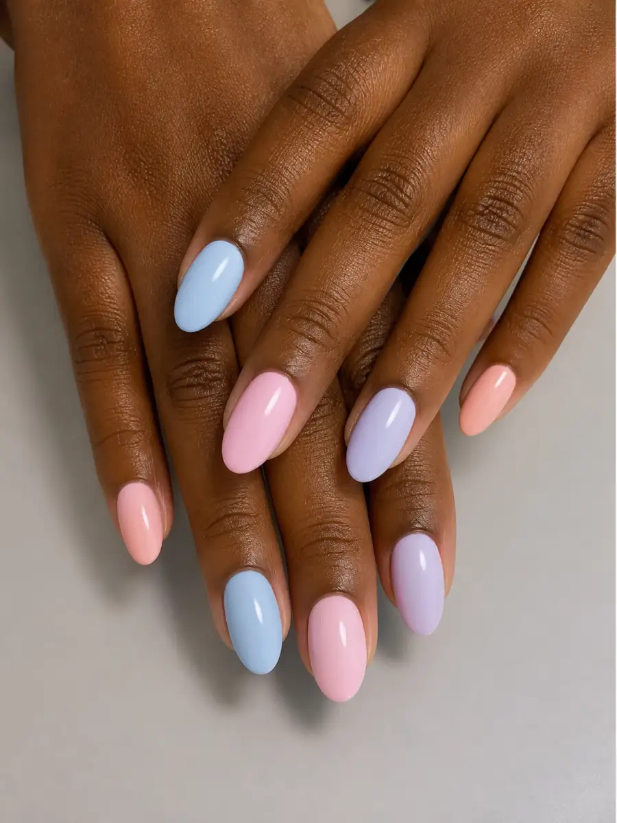 Baby Blue Pink Nails: pastel skittle, one shade per nail, baby blue pink