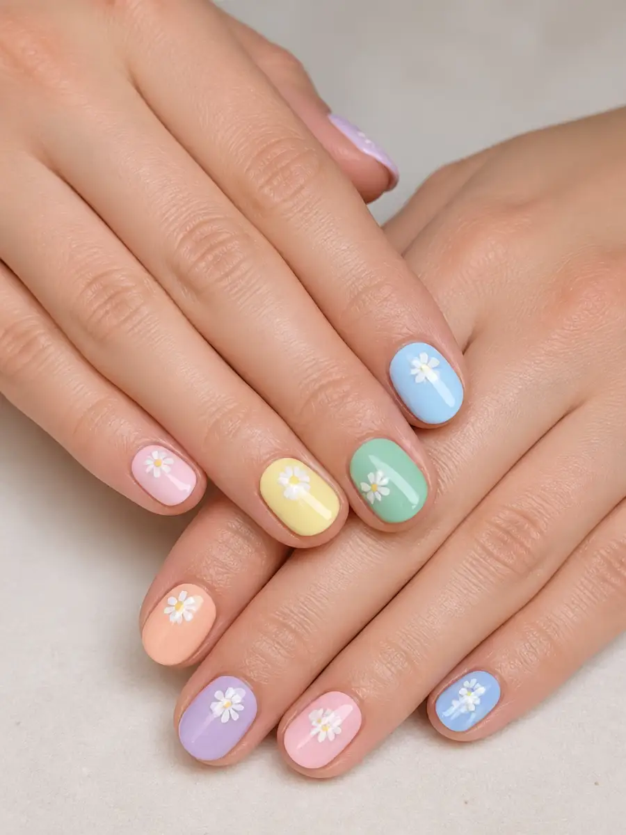 Pastel Daisy Nails: pastel skittle, one shade per nail, pastel daisy