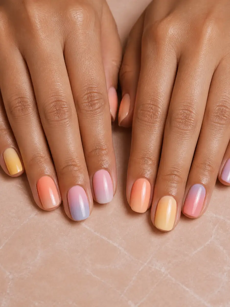 Peach Aura Nails: pastel skittle, one shade per nail, peach aura