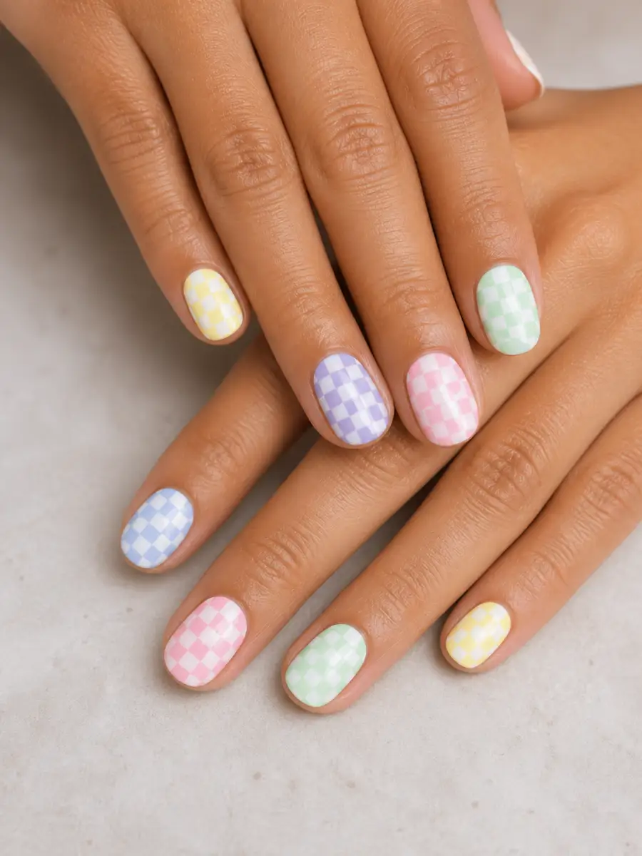 Pastel Checker Nails: pastel skittle, one shade per nail, pastel checker
