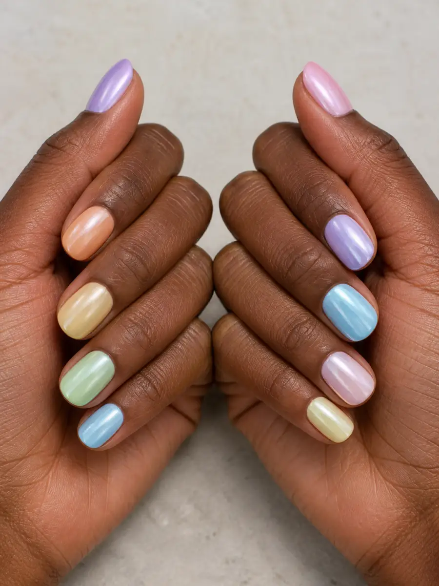 Pearl Pastel Nails: pastel skittle, one shade per nail, pearl pastel