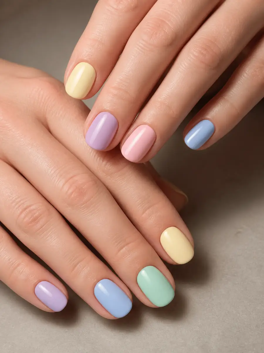 Butter Yellow Lilac Nails: pastel skittle, one shade per nail, butter yellow lilac