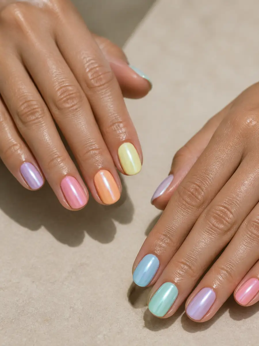 Pastel Chrome Nails: pastel skittle, one shade per nail, pastel chrome