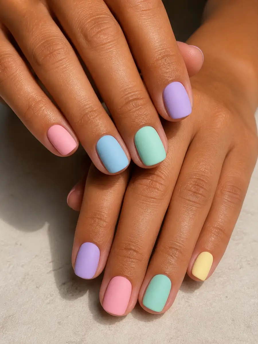 Matte Pastel Mix Nails: pastel skittle, one shade per nail, matte pastel mix